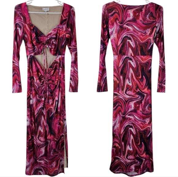 NWT VICI x ACOA Marble Print Mesh Cutout Midi Dress Red Pink Small - Picture 1 of 12